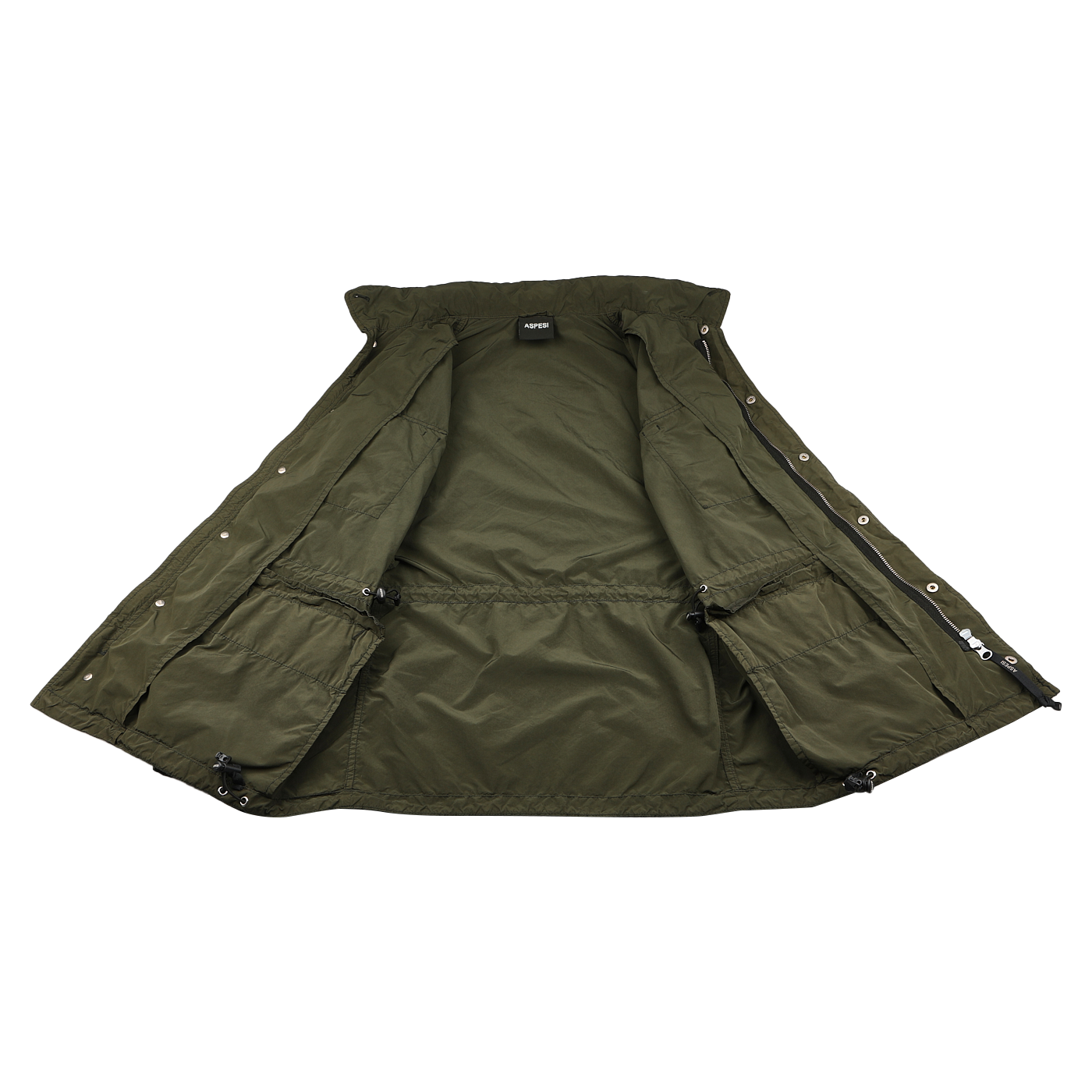 The Aspesi Army Green Luxury Nylon Field Jacket is shown flat on a white background, revealing interior details like pockets and drawstrings, echoing the classic M65 military style.