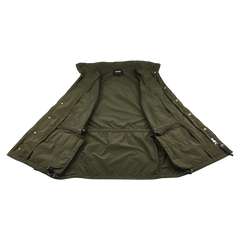 The Aspesi Army Green Luxury Nylon Field Jacket is shown flat on a white background, revealing interior details like pockets and drawstrings, echoing the classic M65 military style.