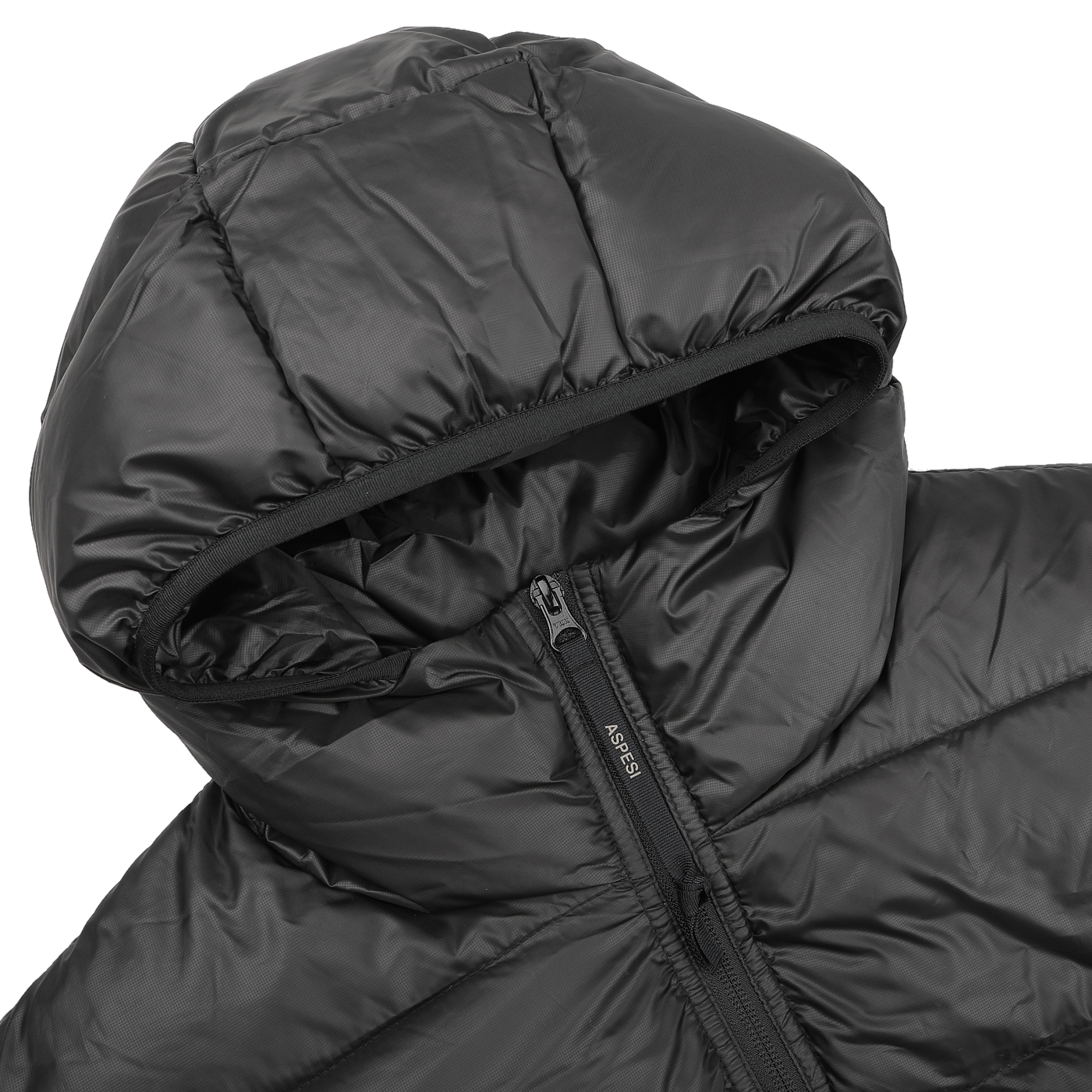 The Aspesi Black Nylon Ripstop Down Padded Budd Jacket features a hooded design with a zipper, offering warmth and style from above with its sleek black finish.