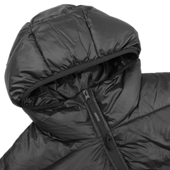 The Aspesi Black Nylon Ripstop Down Padded Budd Jacket features a hooded design with a zipper, offering warmth and style from above with its sleek black finish.