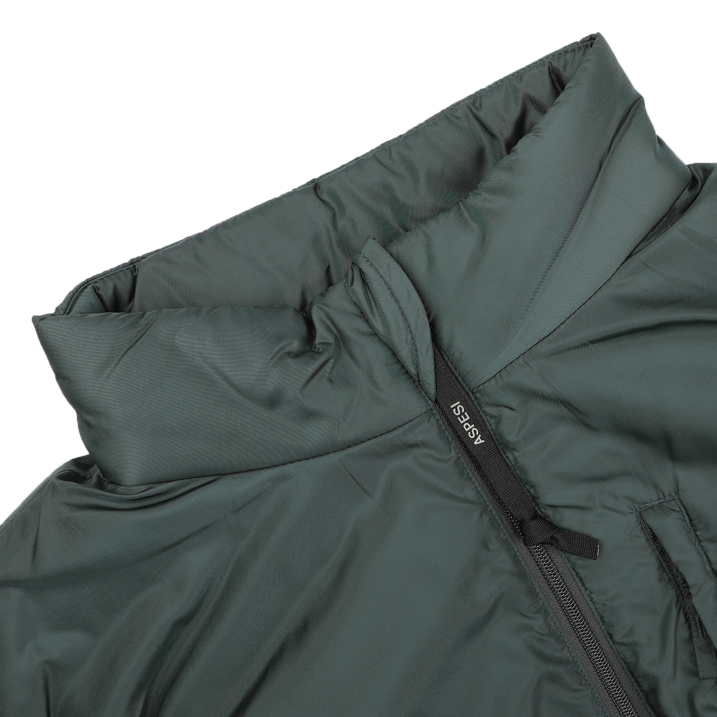 Close-up of the Bottle Green Nylon Taffeta Thermore Jil Gilet by Aspesi, showcasing a high collar and partially visible black zipper, along with its water-repellent properties.