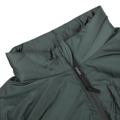 Close-up of the Bottle Green Nylon Taffeta Thermore Jil Gilet by Aspesi, showcasing a high collar and partially visible black zipper, along with its water-repellent properties.