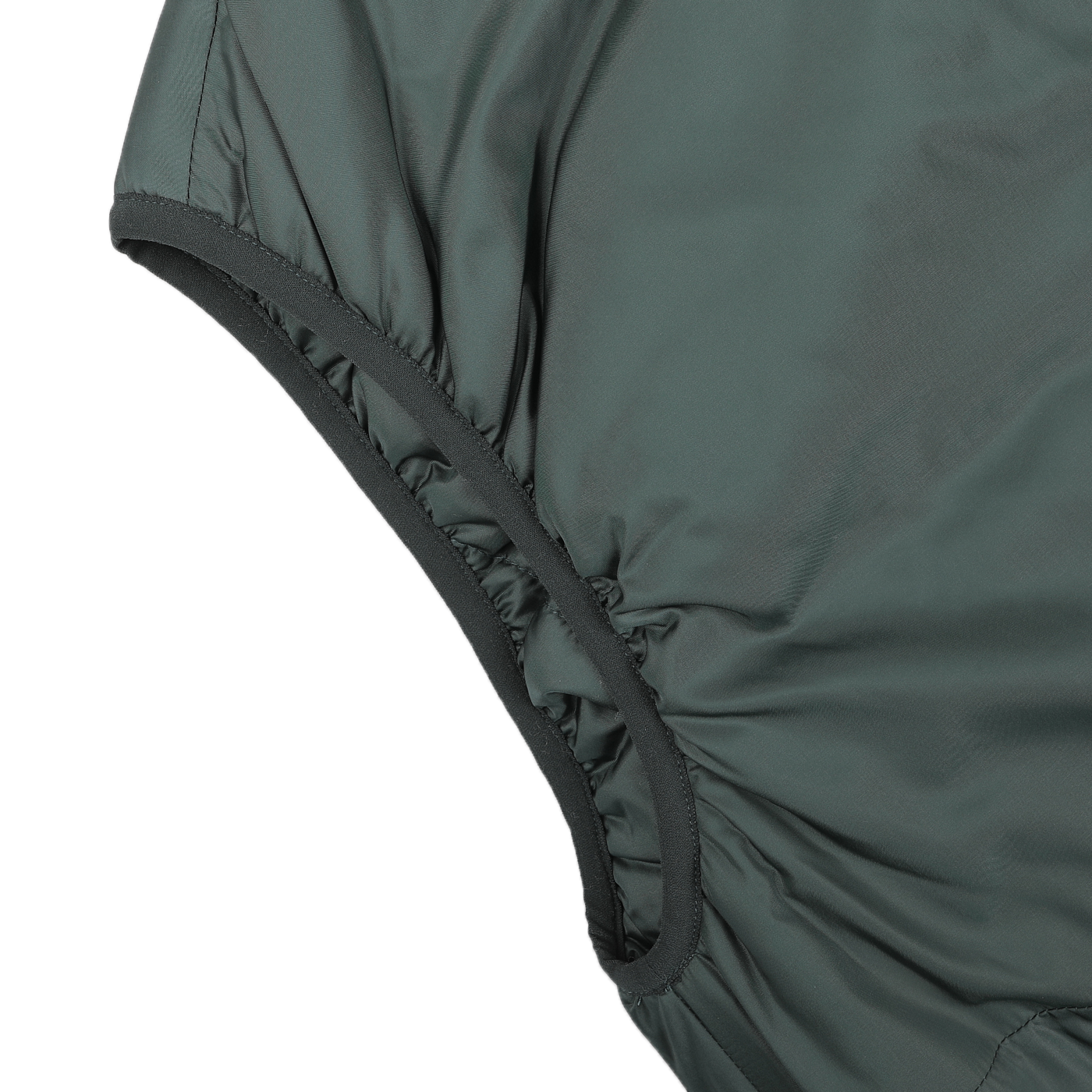 Close-up of the Bottle Green Nylon Taffeta Thermore Jil Gilet by Aspesi, showcasing its elastic edges against a white background.