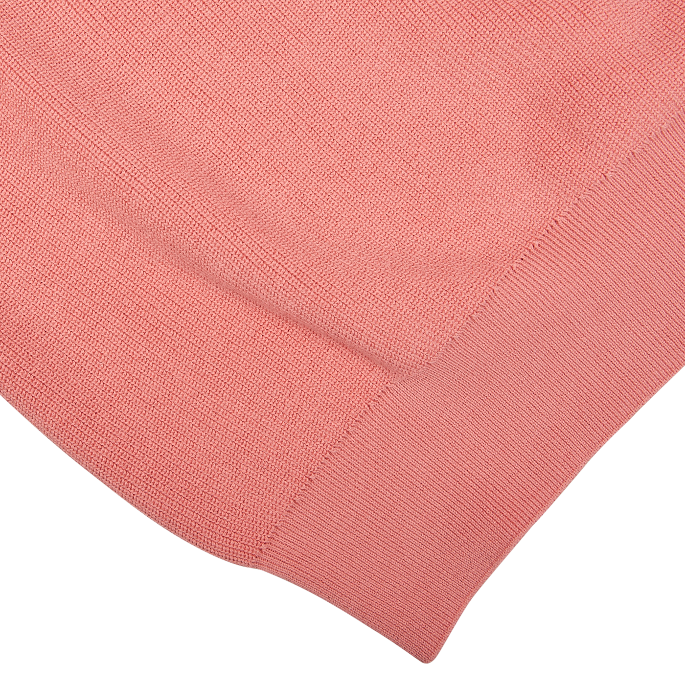 A close up of a coral pink, cotton Aspesi crew neck sweater on a white background.