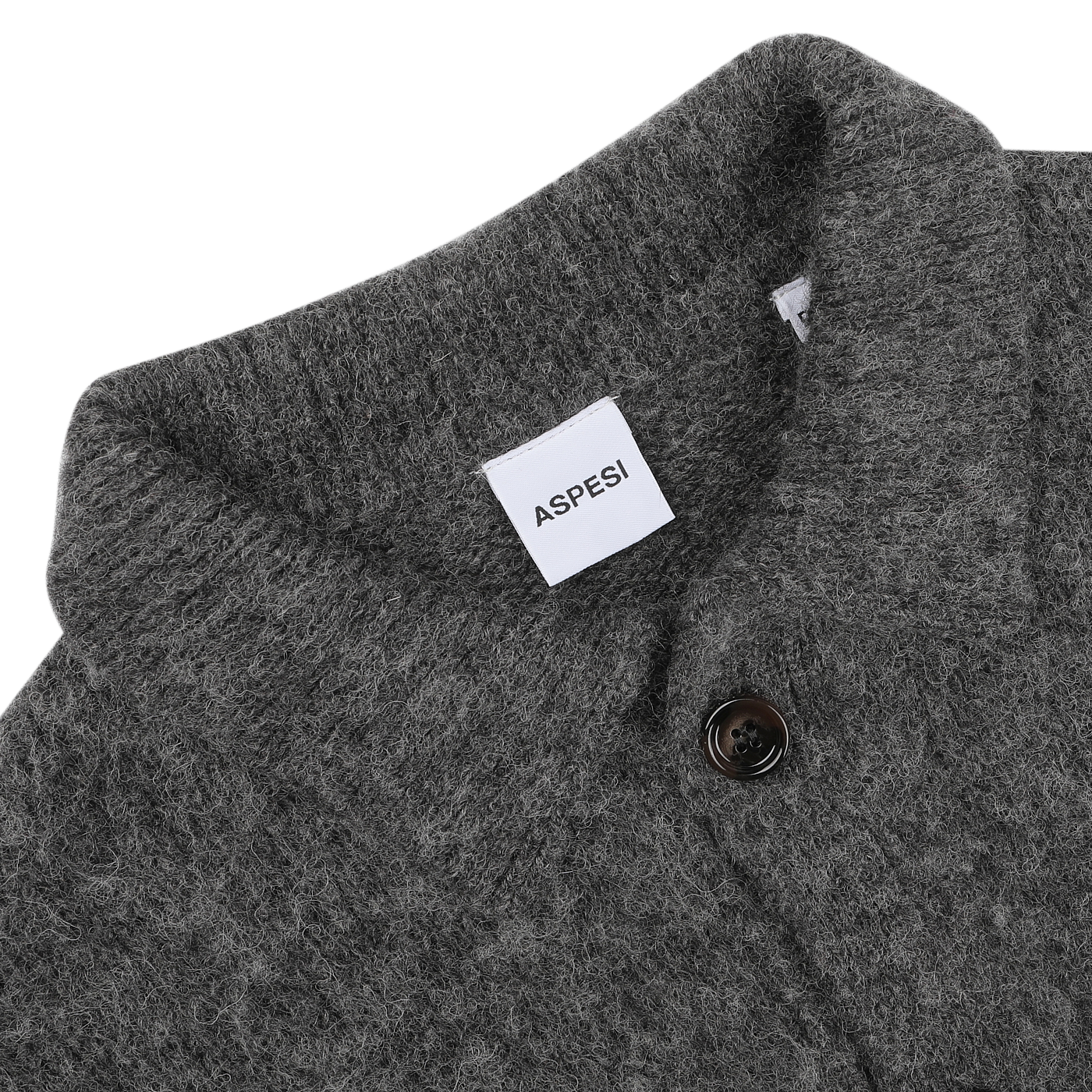 Close-up of an Aspesi Dark Grey Brushed Shetland Wool Cardigan, showcasing a button detail and featuring the brand tag on the collar, subtly complemented by navy blue accents.