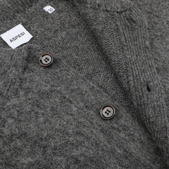 Close-up of the Dark Grey Brushed Shetland Wool Cardigan featuring two buttons and a prominent Aspesi label, capturing the sophisticated style typical of Aspesi.