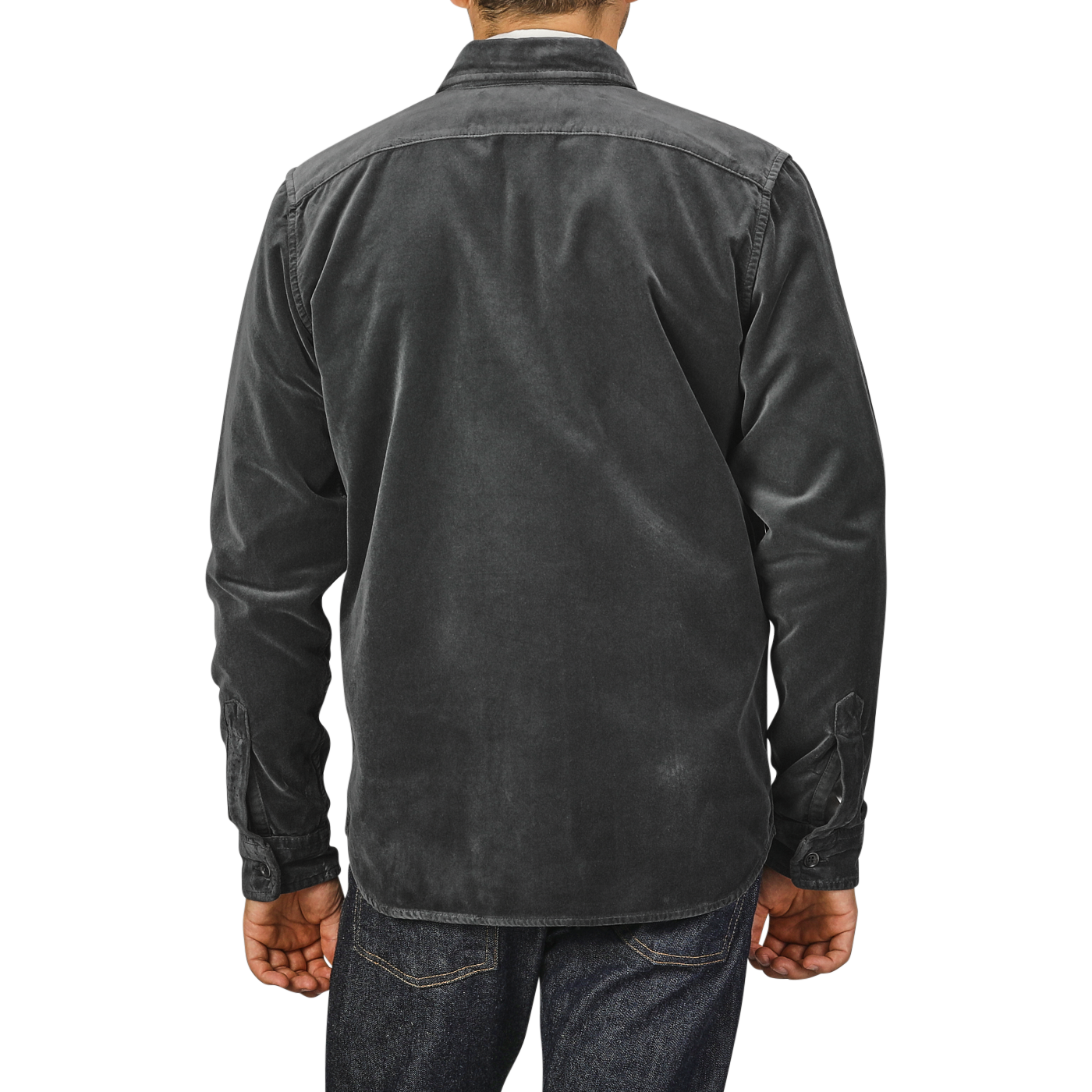 A person wearing an Aspesi Dark Grey Cotton Velvet Overshirt and blue jeans, photographed from the back, standing against a plain light gray background.