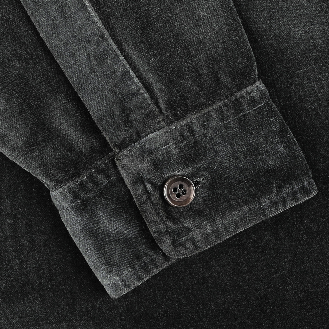 Close-up of an Aspesi Dark Grey Cotton Velvet Overshirt sleeve, highlighting the intricate stitching and luxurious texture of pure cotton velvet.