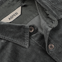 Close-up view of the collar of an Aspesi Dark Grey Cotton Velvet Overshirt, featuring buttons and a visible inner tag displaying the brand name.