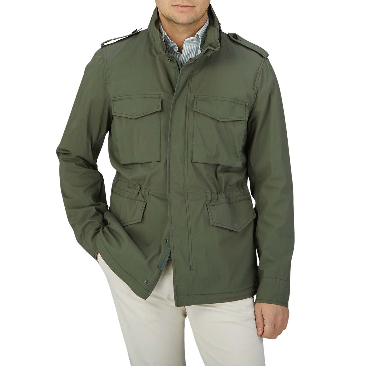 A man wearing an Aspesi Green Cotton Nylon M65 Field Jacket.