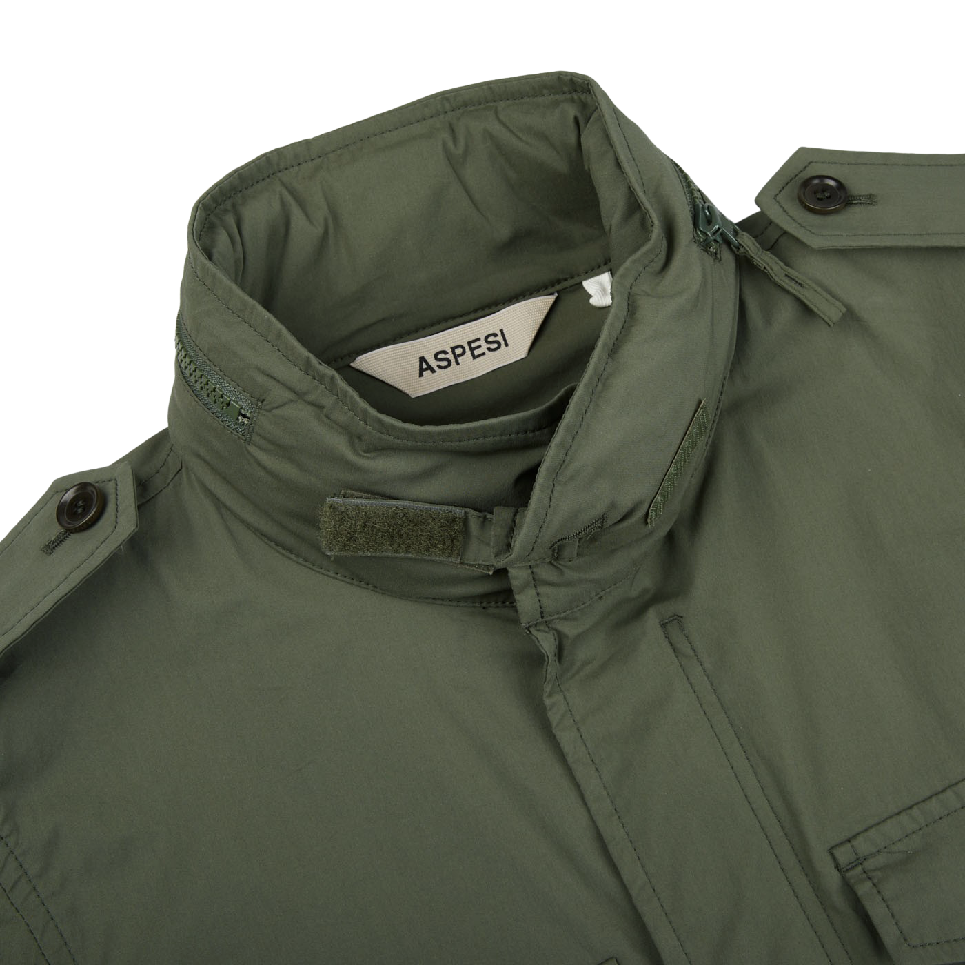 An Aspesi Green Cotton Nylon M65 Field Jacket with a zippered collar.