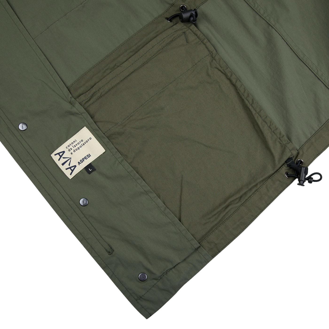 An Aspesi Green Cotton Nylon M65 Field Jacket with a zippered pocket.