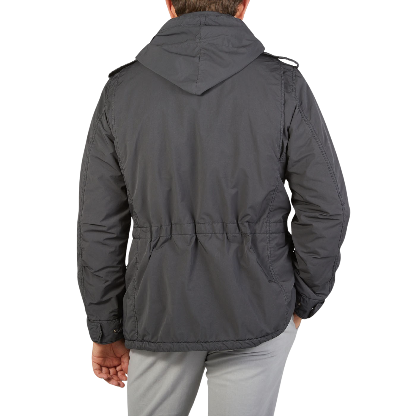 The back view of a man wearing an Aspesi Grey Luxury Nylon Padded Field Jacket.