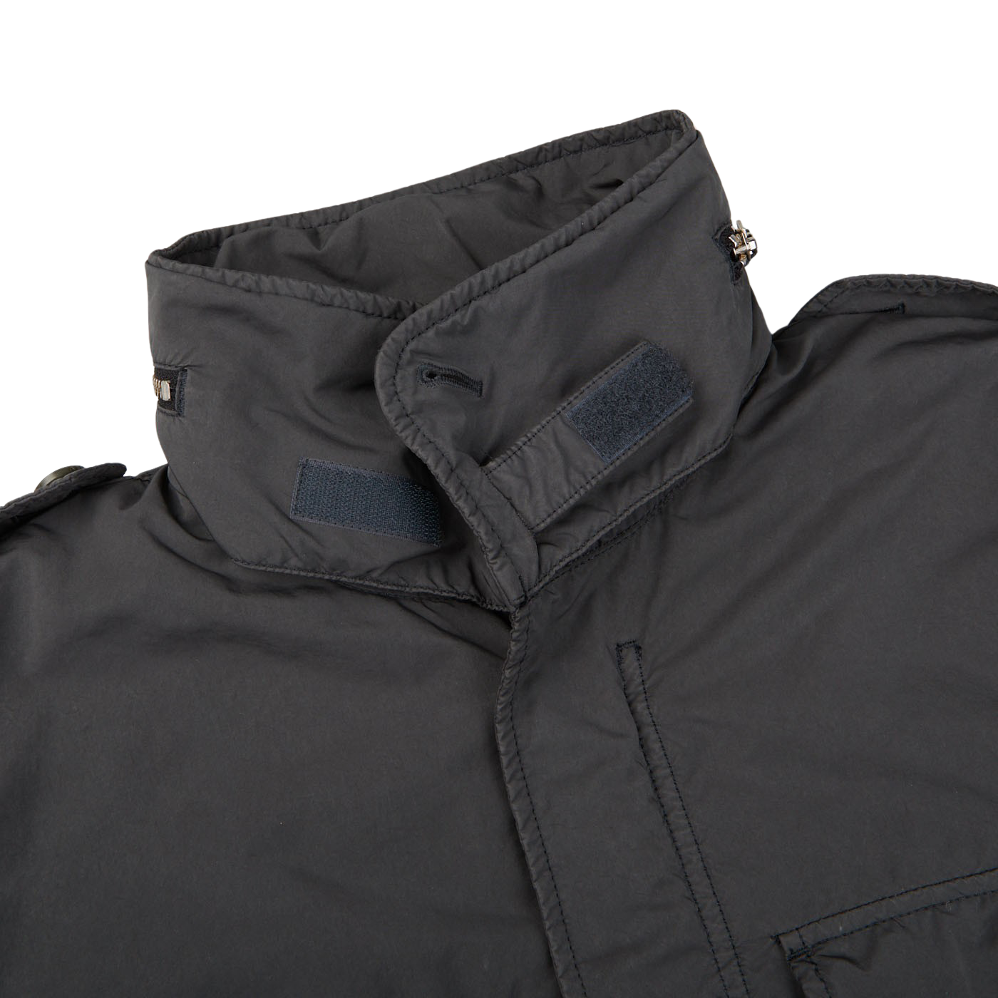 A close up of an Aspesi Grey Luxury Nylon Padded Field Jacket on a white background.
