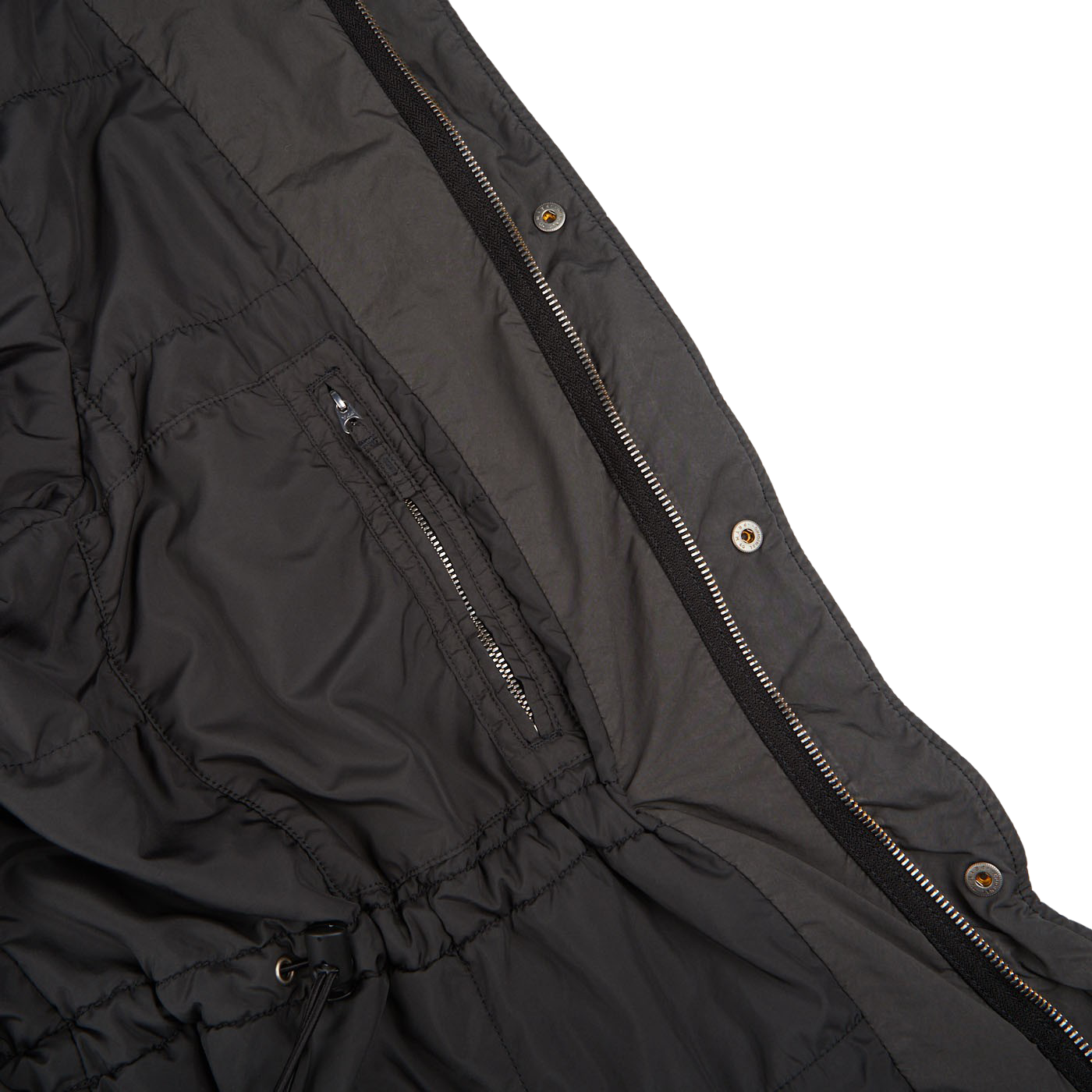 A close up of a grey Aspesi Luxury Nylon Padded Field Jacket on a white surface.