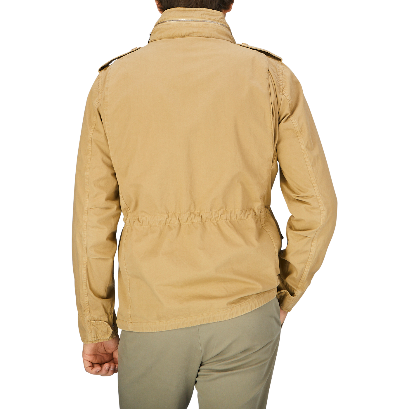 The back view of a man wearing an Aspesi Khaki Beige Cotton Mini Field Jacket, windproof jacket.