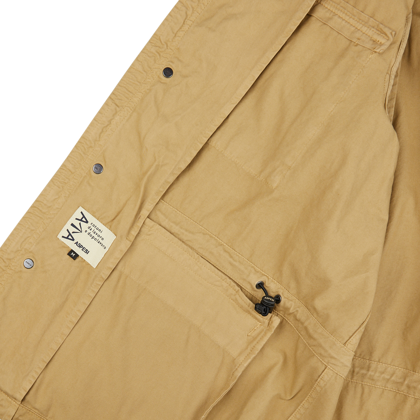 The back pocket of a Khaki Beige Cotton Mini Field Jacket by Aspesi.