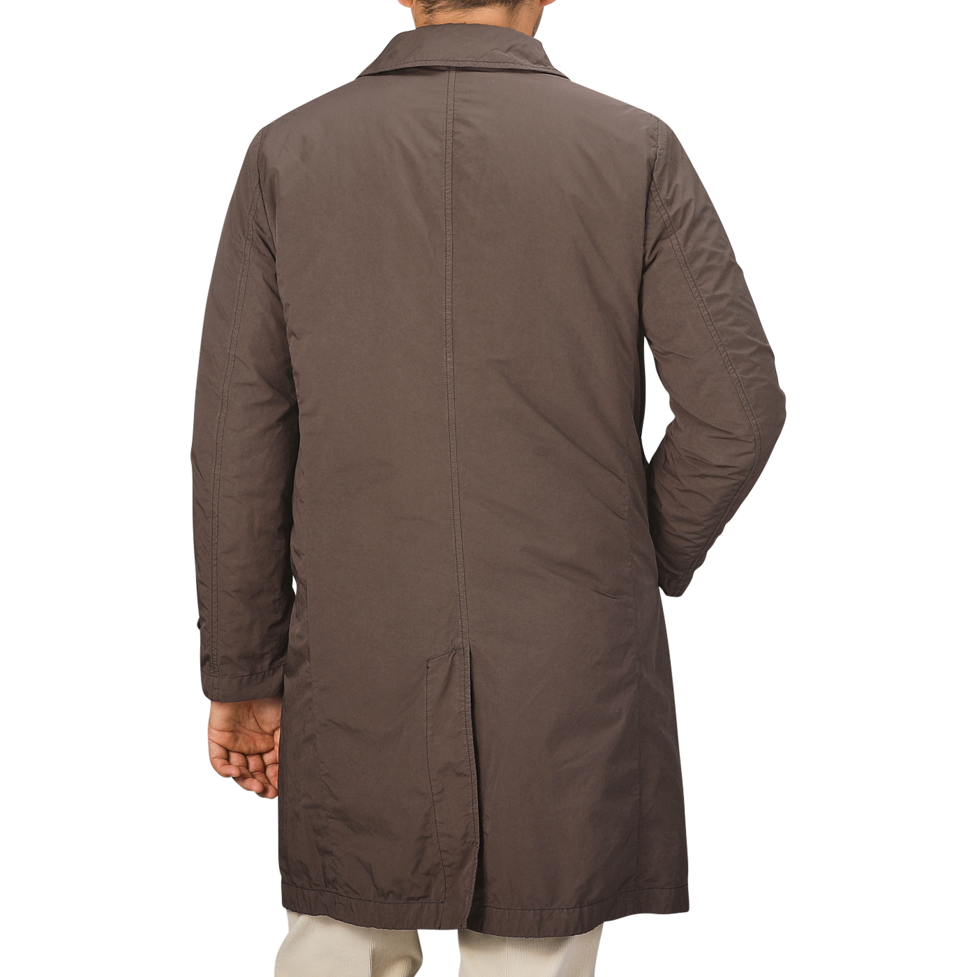 An individual is seen from behind wearing the Marrone Brown Micro Nylon Thermore Coat by Aspesi.