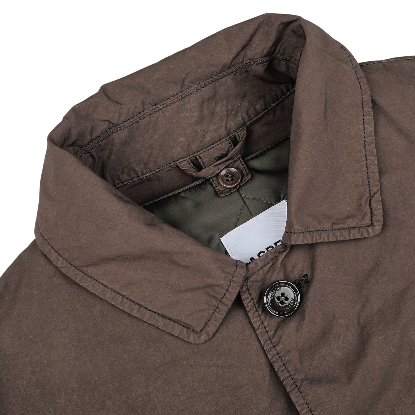 Close-up of a brown coat collar with a button and buttonhole, showing a partial view of an inner label. The Aspesi Marrone Brown Micro Nylon Thermore Coat features Thermore padding for added warmth and technical nylon for enhanced durability.