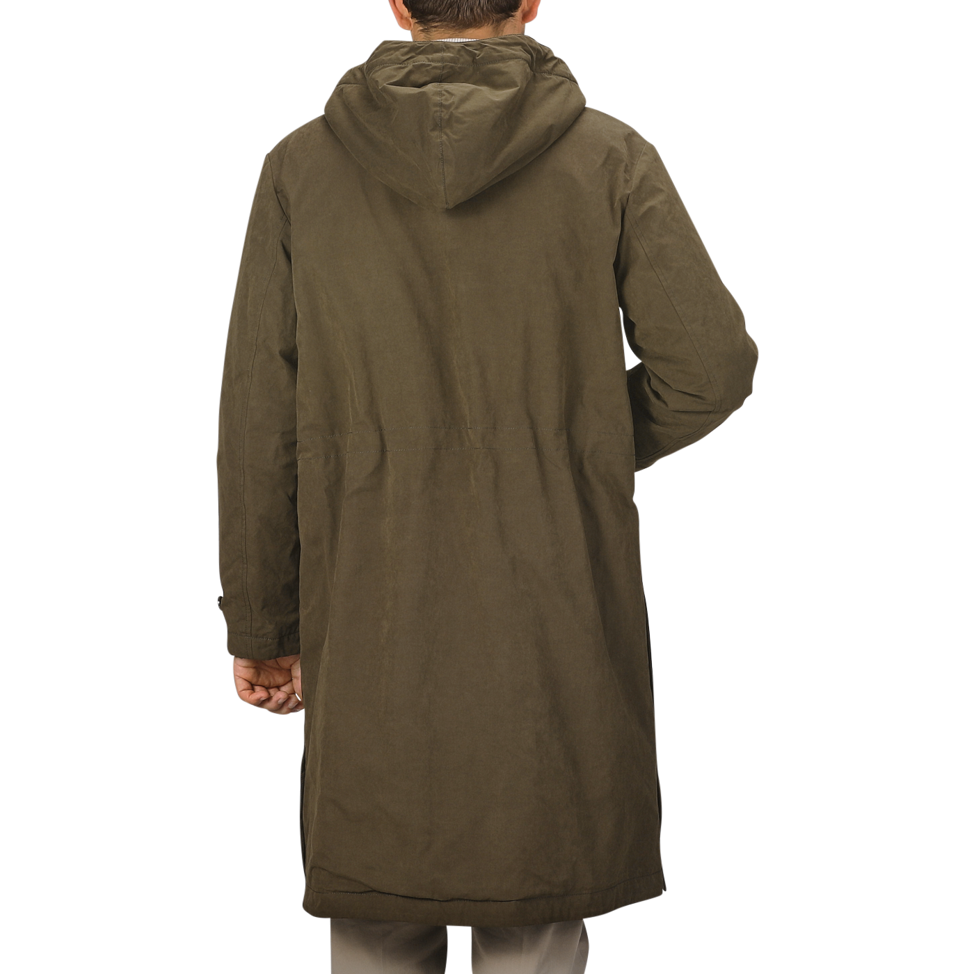 A person is seen from behind, wearing the Aspesi Military Green Cotton Nylon Thermore Rams Parka.