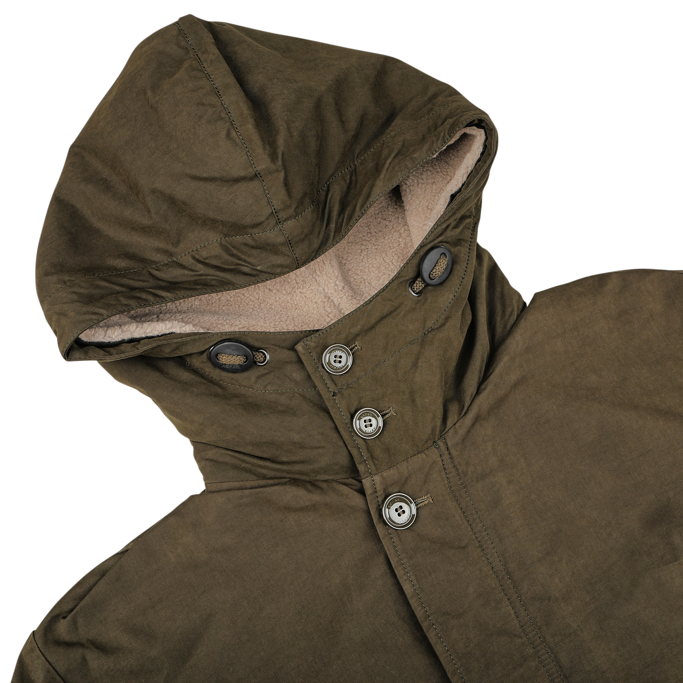 A close-up of the Aspesi Military Green Cotton Nylon Thermore Rams Parka, highlighting its four buttons down the front and revealing its light beige inner lining and Thermore padding for added warmth.