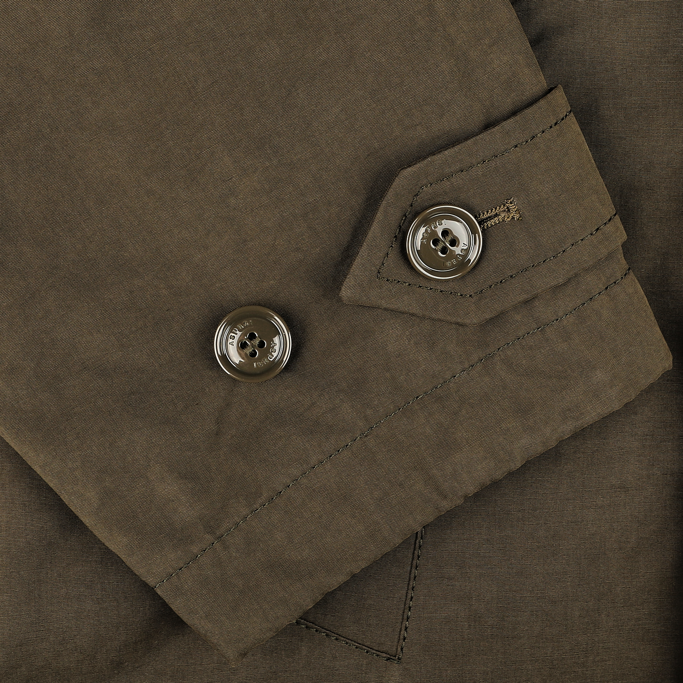 Close-up of the cuff of a Military Green Cotton Nylon Thermore Rams Parka sleeve with two buttons, crafted by Aspesi.