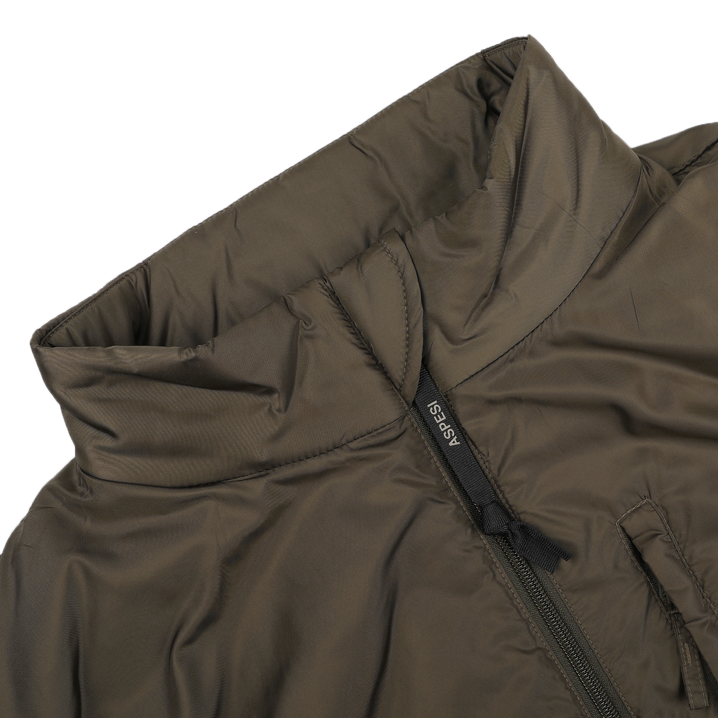 Close-up of a brown, high-collar puffer jacket made from nylon taffeta, featuring a zipper pull tab labeled "ASSISI." Its Thermore technical down ensures warmth and durability, similar to the Military Green Nylon Taffeta Thermore Jil Gilet by Aspesi.