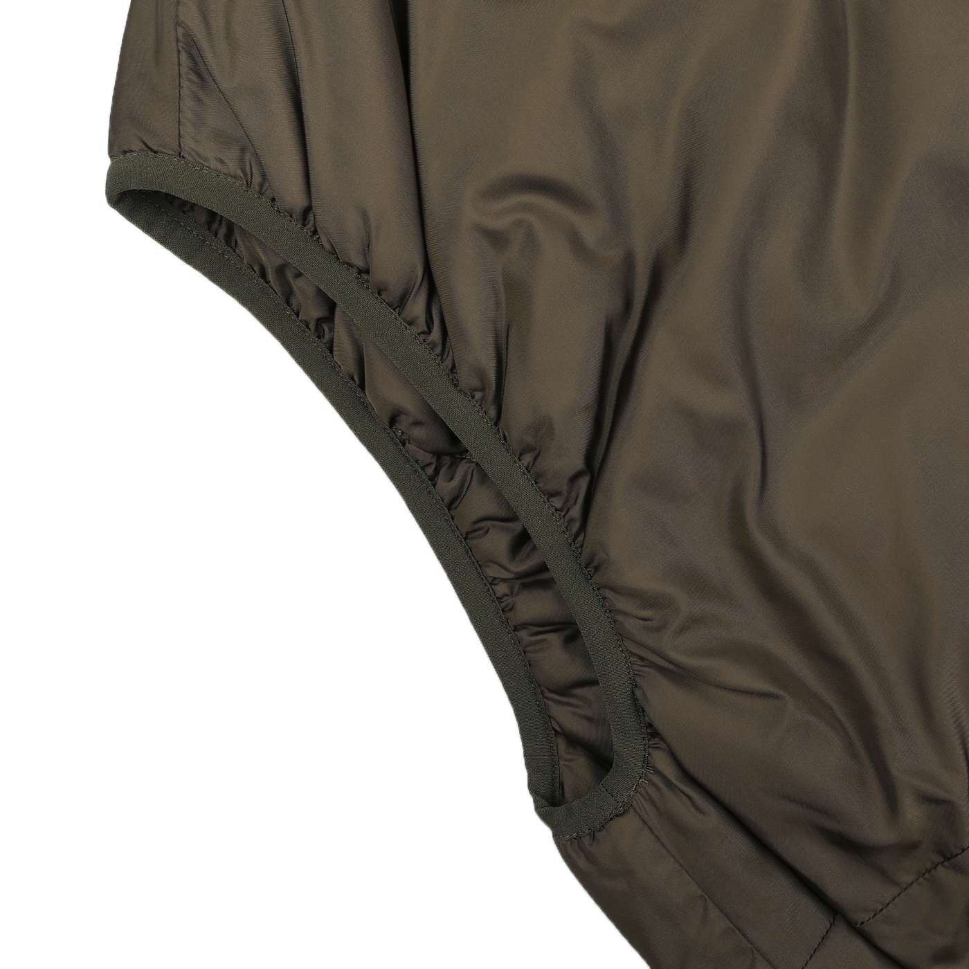 Close-up of an Aspesi Military Green Nylon Taffeta Thermore Jil Gilet highlighting the elasticated armhole seam against a white background.