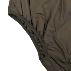 Close-up of an Aspesi Military Green Nylon Taffeta Thermore Jil Gilet highlighting the elasticated armhole seam against a white background.