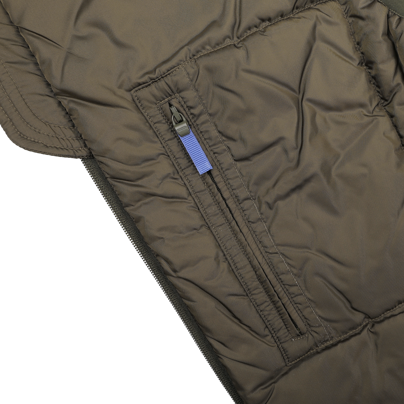 Close-up of the Military Green Nylon Taffeta Thermore Jil Gilet by Aspesi, showcasing its quilted design and a zippered pocket with a blue fabric pull tab, against a white background.