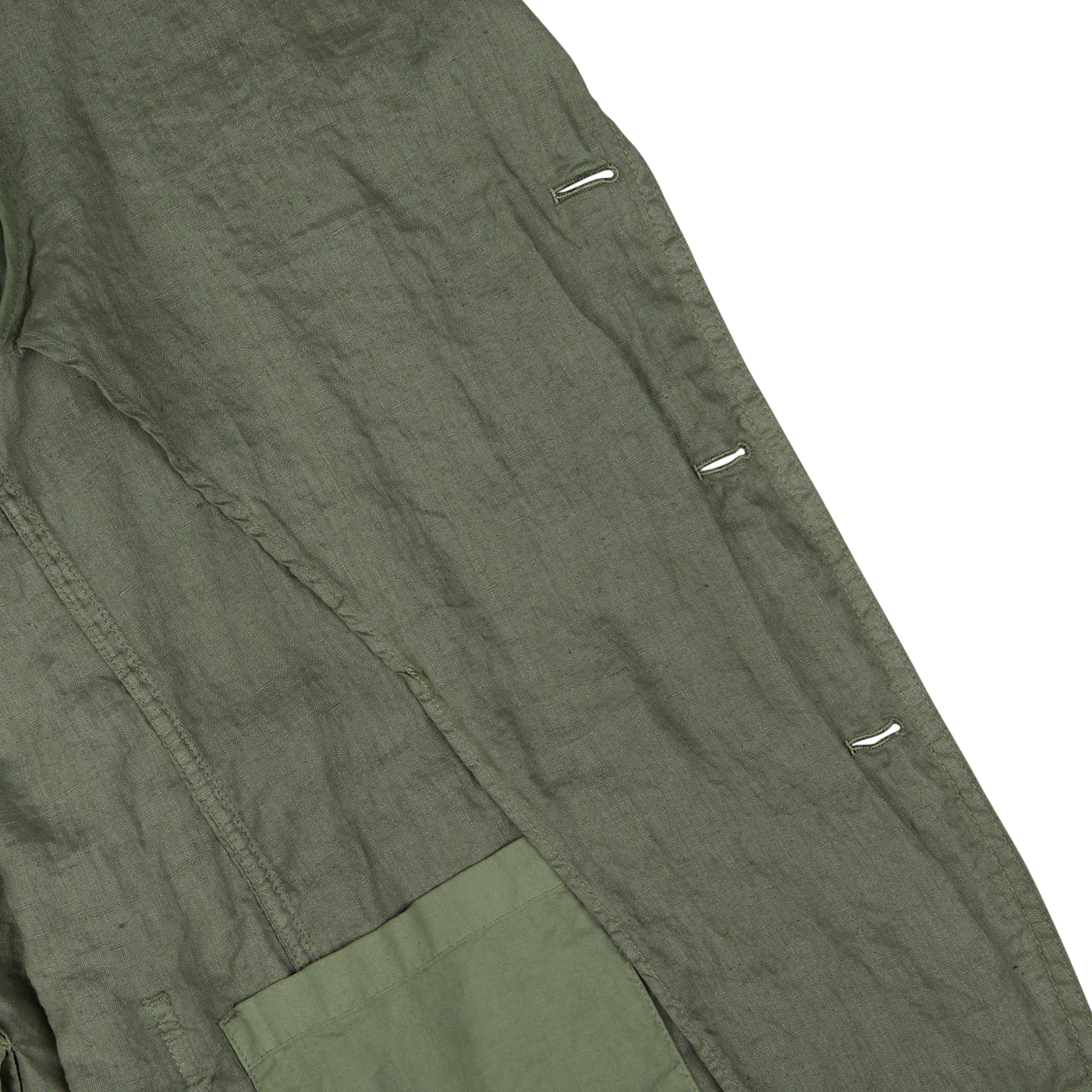 Moss Green Washed Linen Samuraki jacket with a detailed view of the buttonholes and stitching by Aspesi.