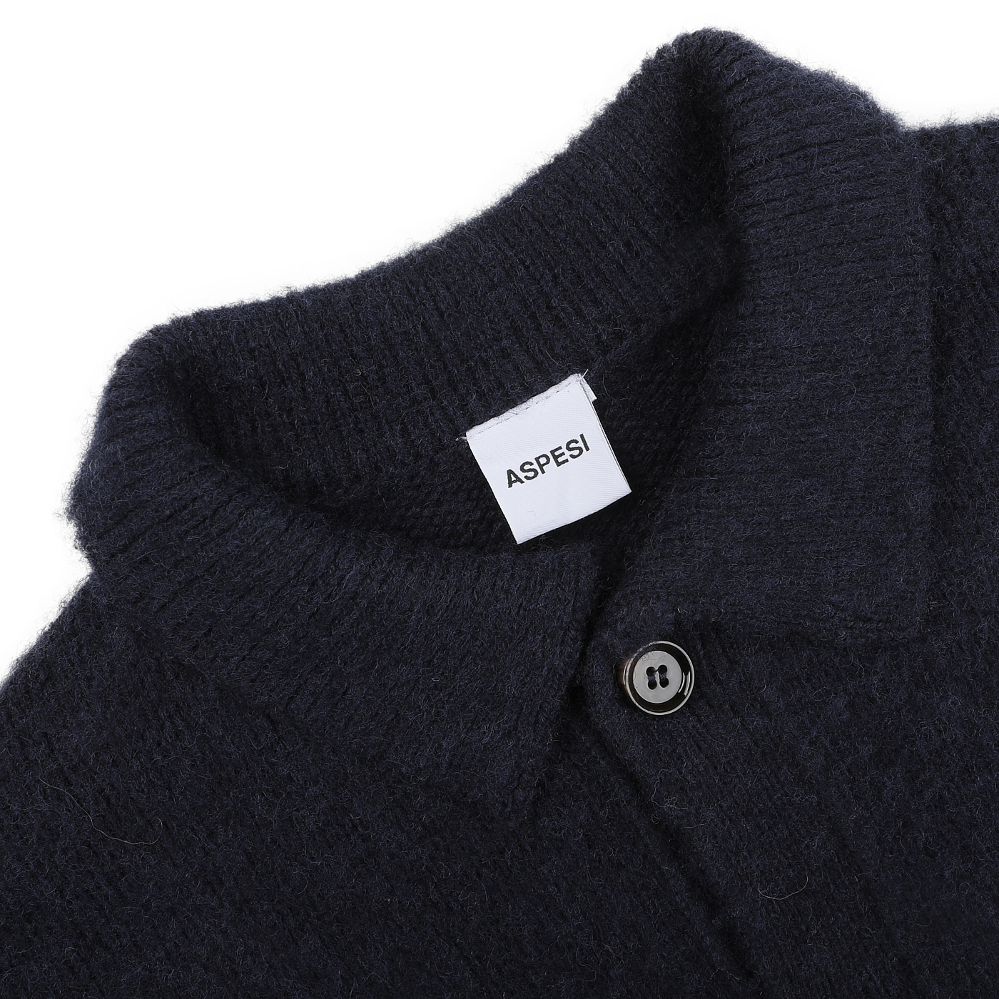 Navy blue brushed Shetland wool cardigan by Aspesi, offering a regular fit with two buttons and a soft, textured collar.