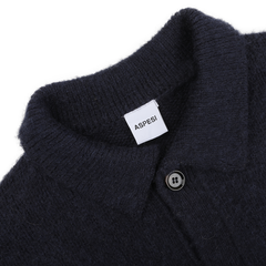 Navy blue brushed Shetland wool cardigan by Aspesi, offering a regular fit with two buttons and a soft, textured collar.