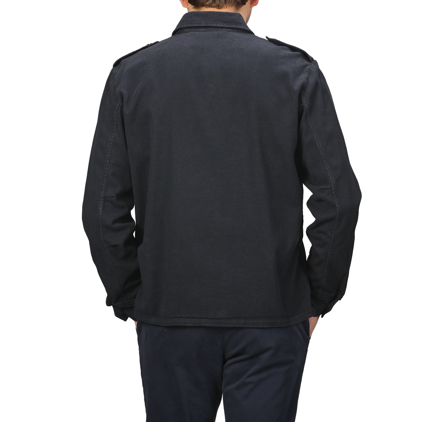 A person wearing the Aspesi Navy Blue Cotton Twill Field Shirt, which has a regular fit, stands facing away from the camera against a gray background.