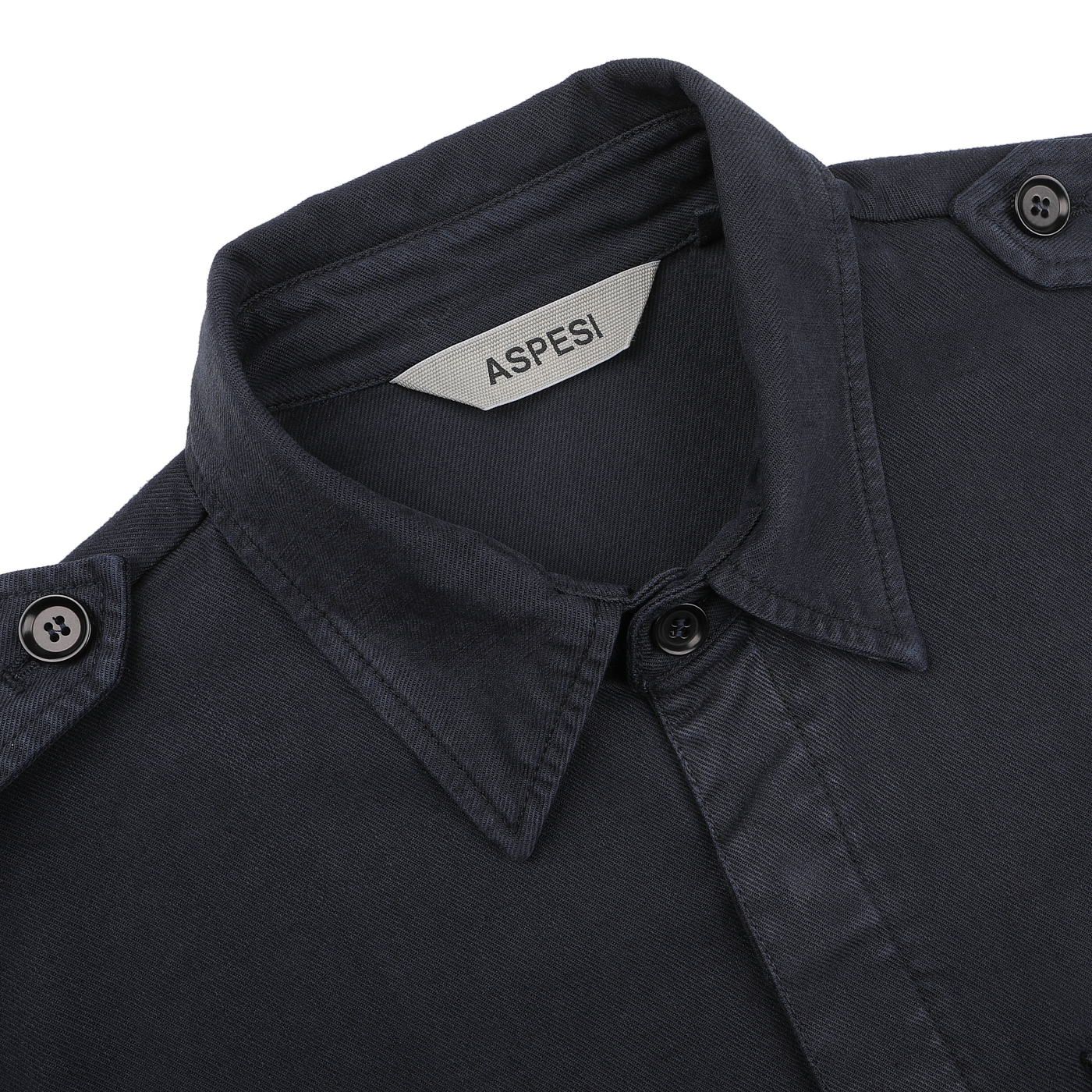 A close-up of the Navy Blue Cotton Twill Field Shirt by Aspesi, featuring shoulder tabs and a visible label inside the collar, crafted from a soft cotton-lyocell blend in a regular fit.