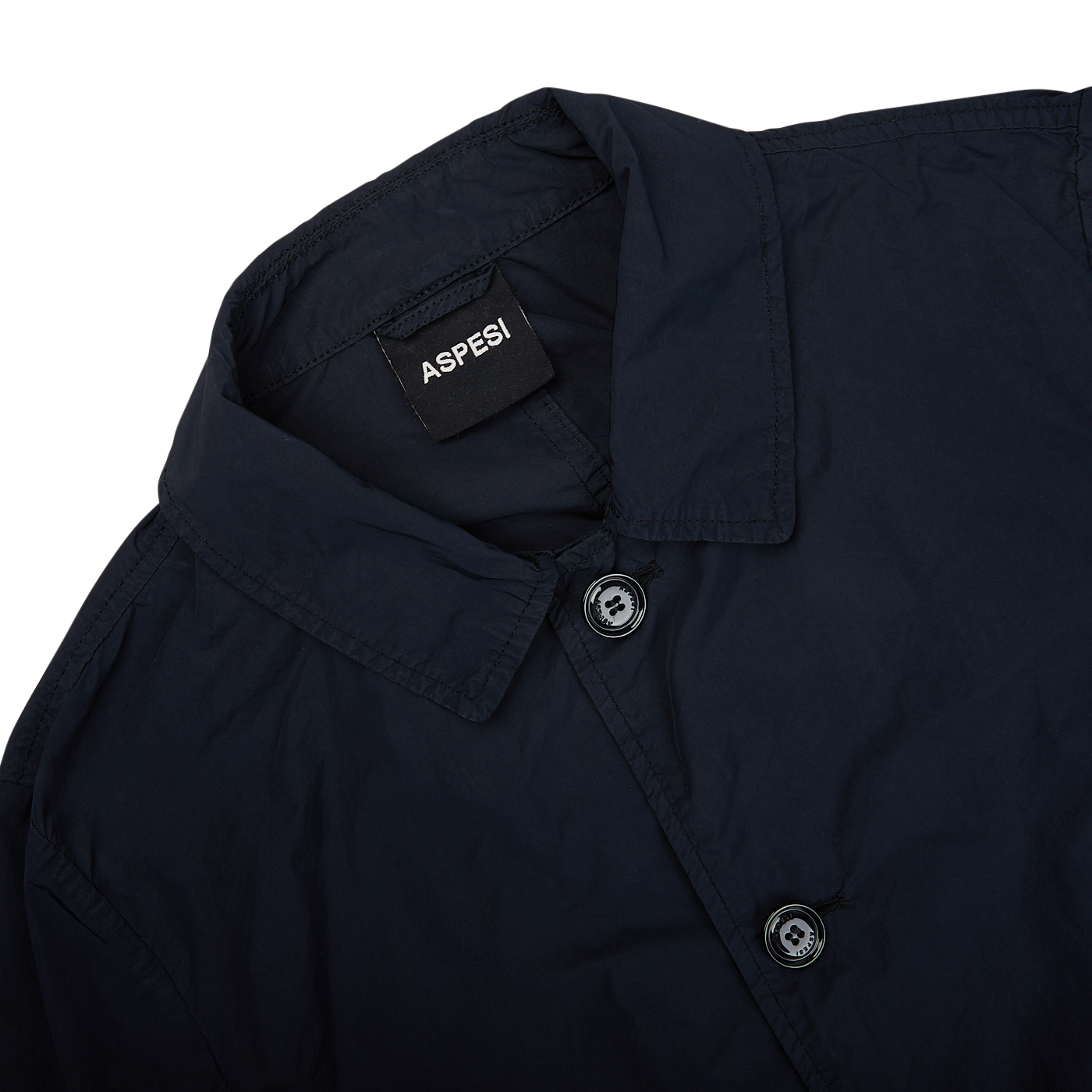 The back of an Aspesi Navy Blue Micro Nylon Limone Coat with a button on the front, designed as a weather-resistant technical coat.