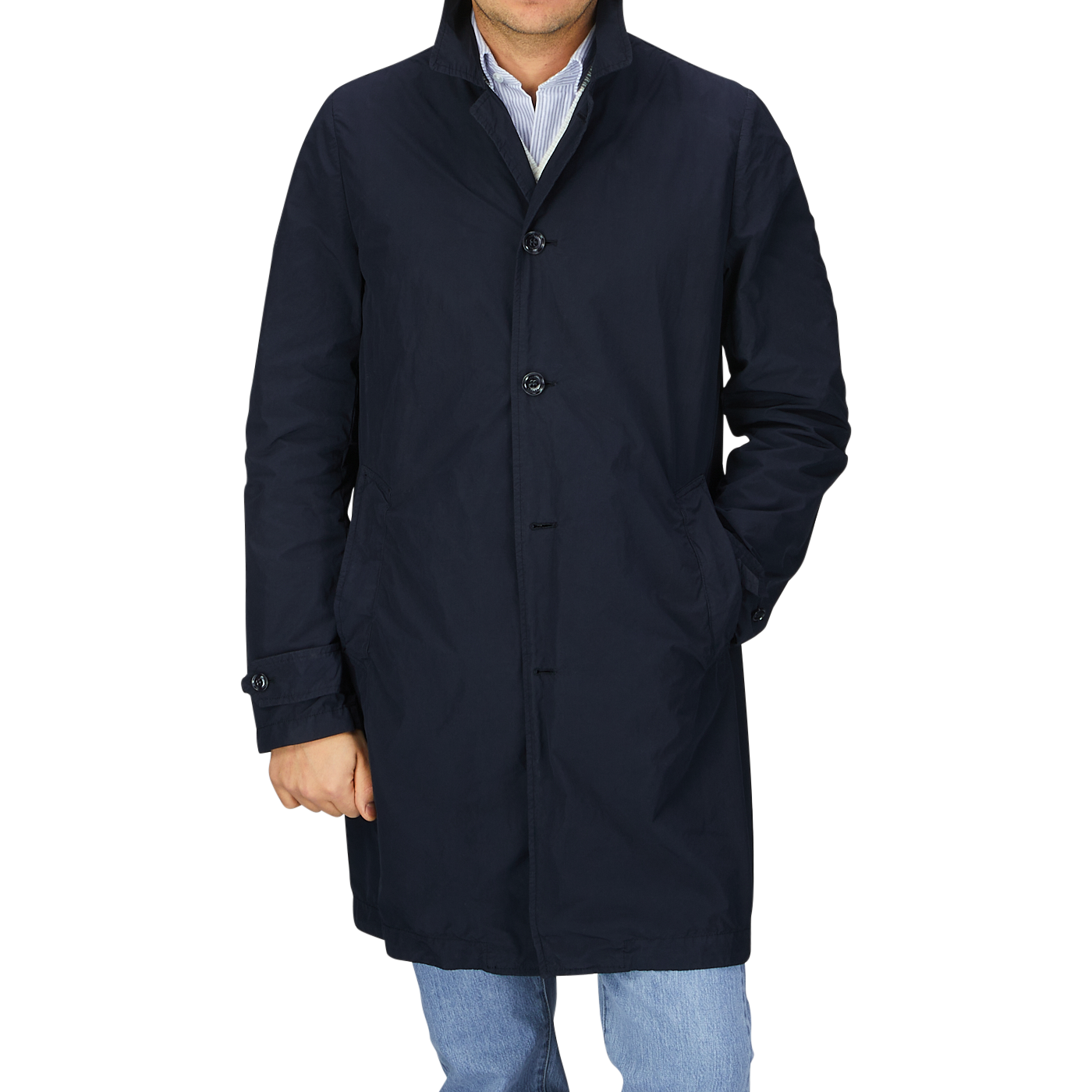 A man wearing a Navy Blue Micro Nylon Limone trench coat by Aspesi.