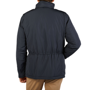 The Navy Blue Nylon Padded Field Jacket by Aspesi, as seen from the back.