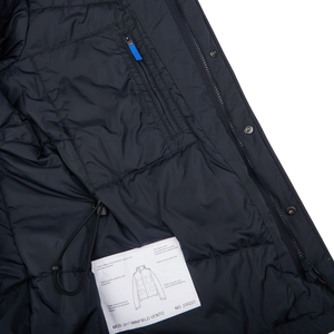 A Navy Blue Nylon Padded Field Jacket by Aspesi with a label on it.