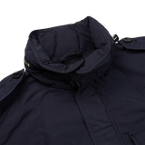 The back of an Aspesi Navy Blue Nylon Taffeta M65 Field Jacket in waterproof fabric.