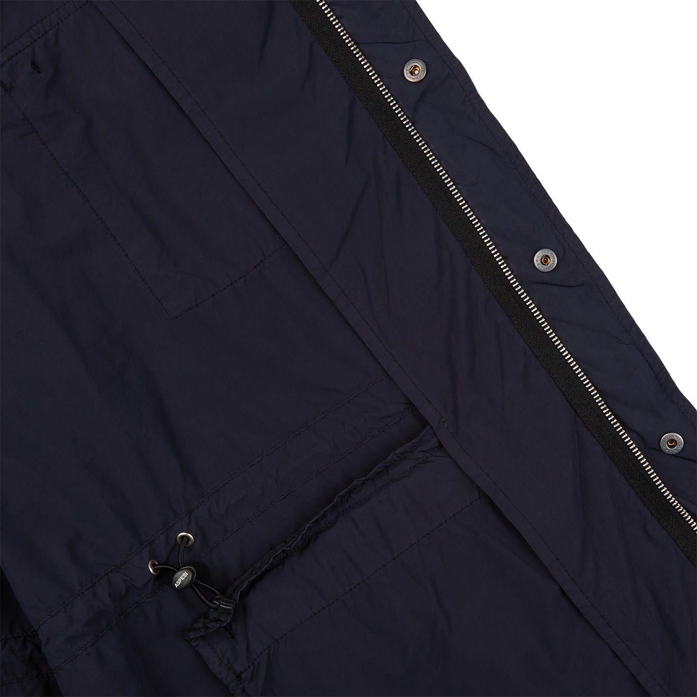 A Aspesi navy blue nylon taffeta M65 Field Jacket with zippered pockets made of nylon taffeta material.