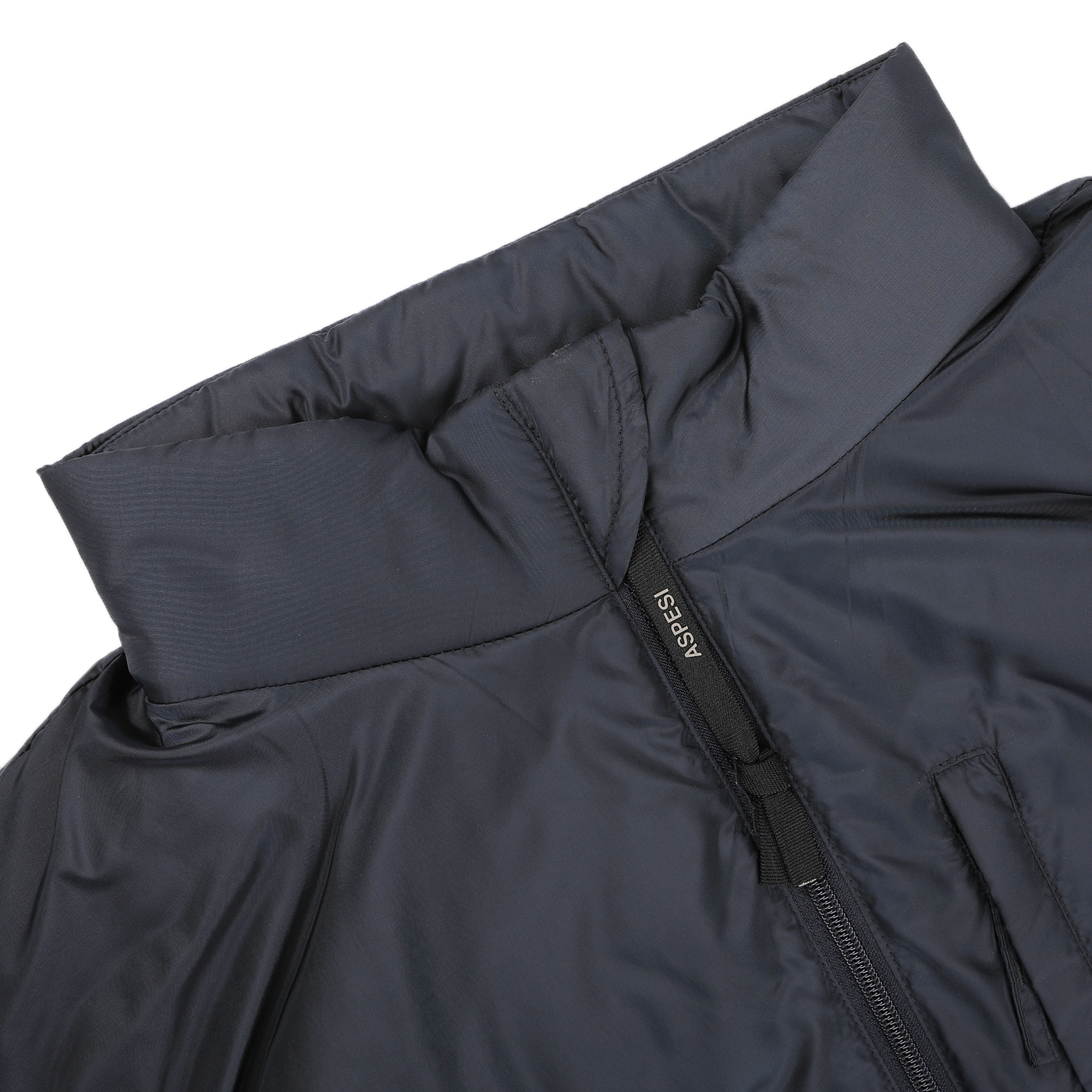 Close-up of the Navy Blue Nylon Taffeta Thermore Jil Gilet featuring a high collar and zipper. The Aspesi brand name is visible on the zipper pull, highlighting its Thermore insulation for enhanced warmth.