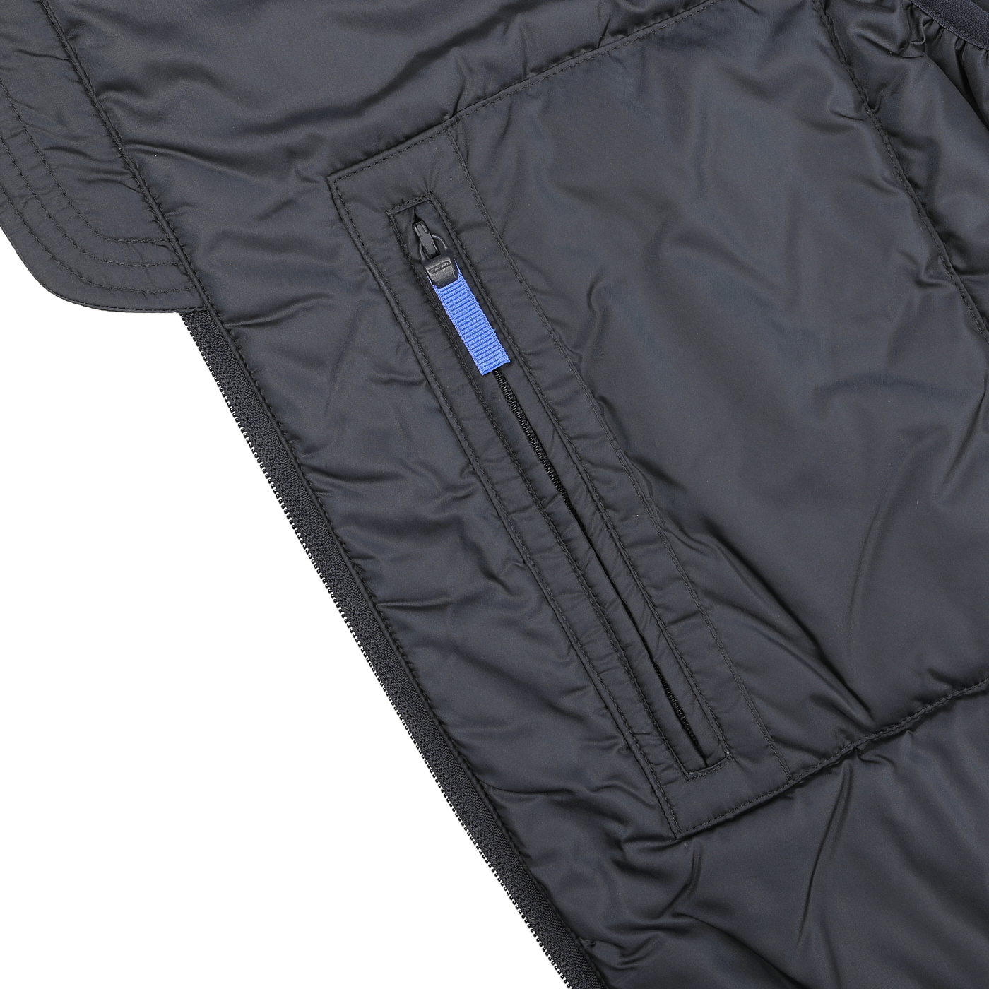 Close-up of the Aspesi Navy Blue Nylon Taffeta Jil Gilet, featuring a zippered pocket with a blue pull tab and designed with Thermore technical down for superior warmth.