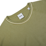 A Aspesi sage green cotton piquet crew neck sweater with a white stripe on the sleeve.