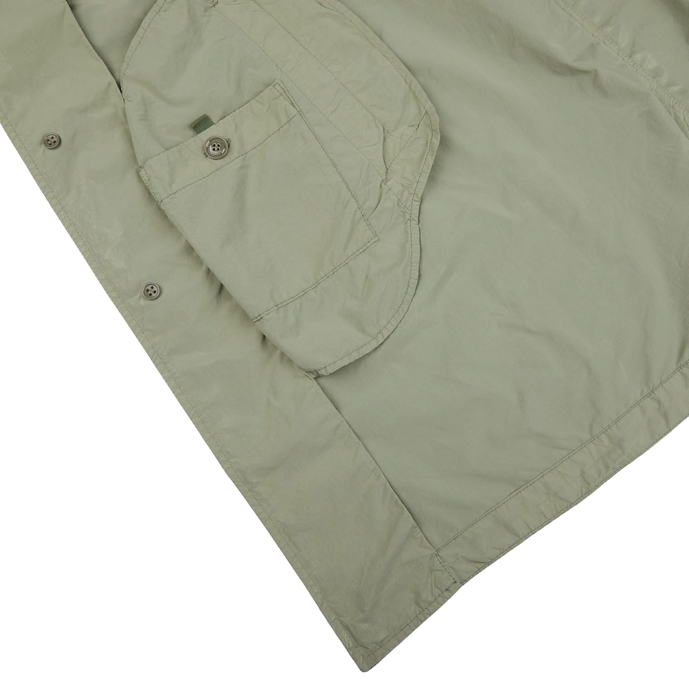 An Aspesi Sage Green Micro Nylon Limone Coat with a pocket on the front.