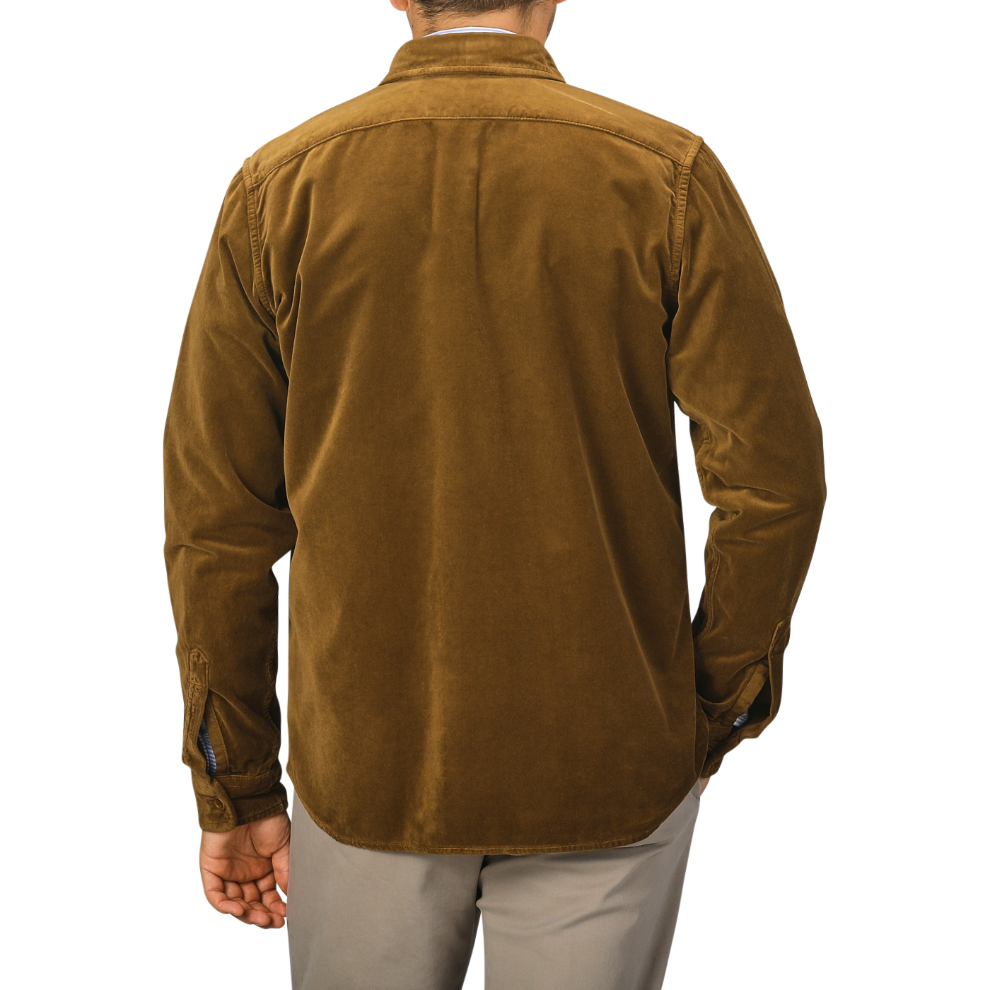 A person is shown from the back wearing an Aspesi Tobacco Brown Cotton Velvet Overshirt paired with beige pants against a plain background.