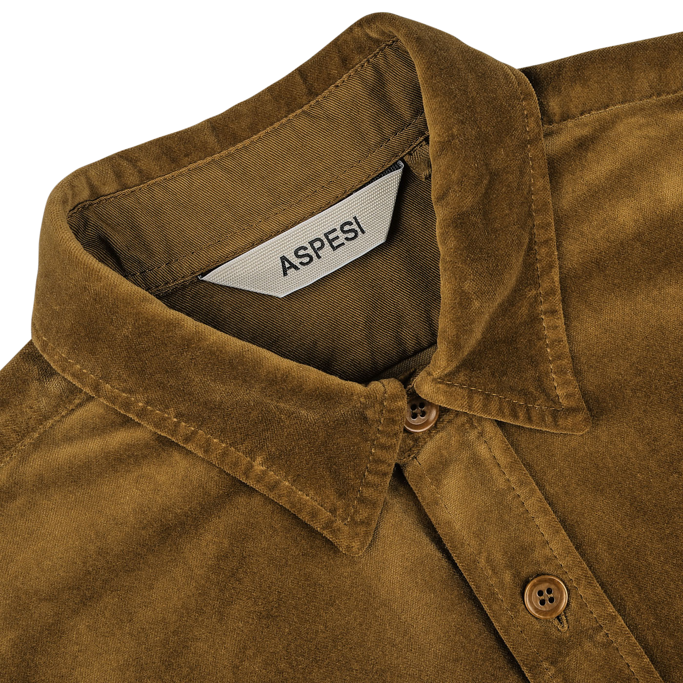 Close-up of the Tobacco Brown Cotton Velvet Overshirt by Aspesi, featuring a collar, buttons, and a label displaying the brand name "Aspesi." This casual alternative blazer crafted from pure cotton velvet exudes effortless style.