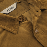 Close-up of the Aspesi Tobacco Brown Cotton Velvet Overshirt, highlighting the collar, buttons, and label.