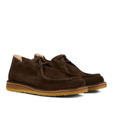 A pair of dark chestnut men's suede Beenflex derbies by Astorflex with crepe soles displayed on a neutral background.