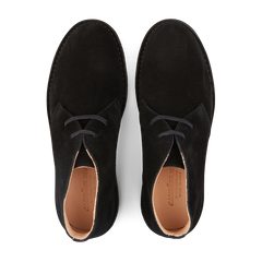 A pair of Astorflex Black Suede Greenflex Desert Boots men's dress shoes with laces, viewed from above.